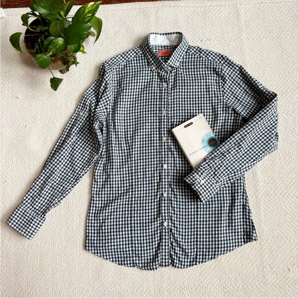 Kloth Blue Green Gingham Plaid Lightweight Flannel Button Down Shirt Large